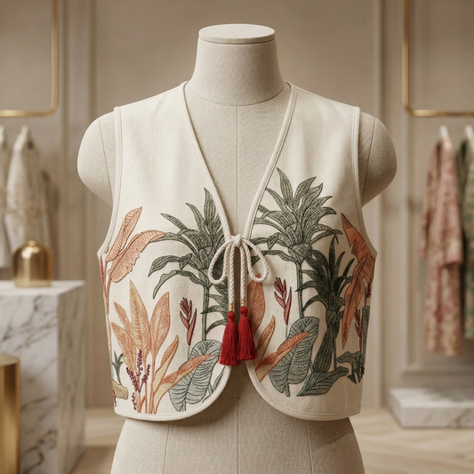 Tropical Heritage Embroidered Linen Waistcoat
