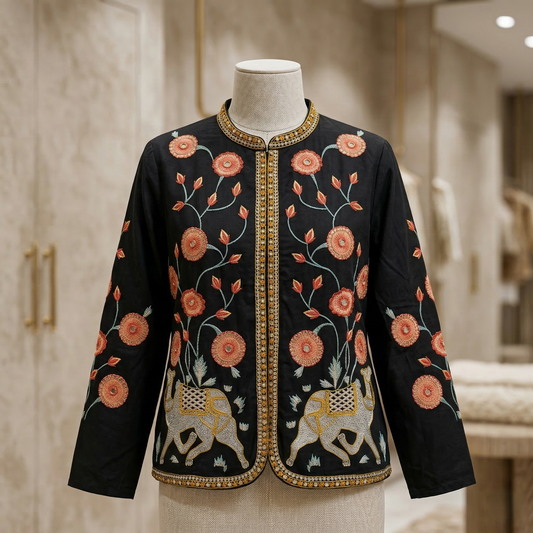 Heritage Camel Embroidered Royal Black Jacket