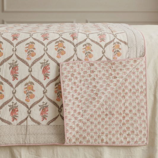 Handcrafted Floral Lattice Reversible Cotton Quilt