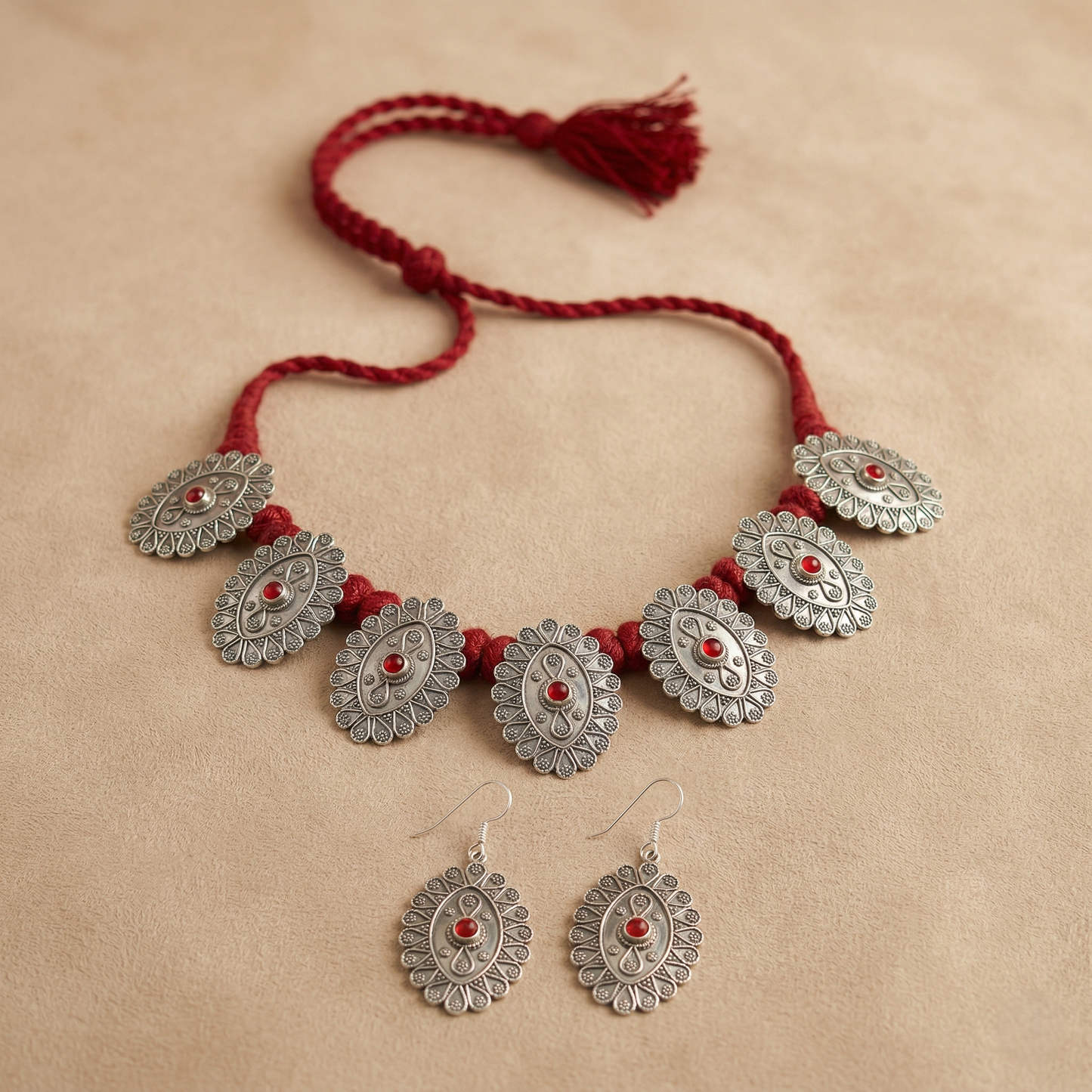 Maroon Threaded Silver Tribal Necklace Set