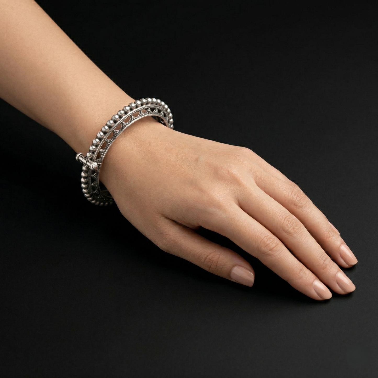 Oxidized Silver Beaded Openable Kada Bracelet