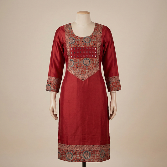 Elegant Rust Silk Embroidered Kurti