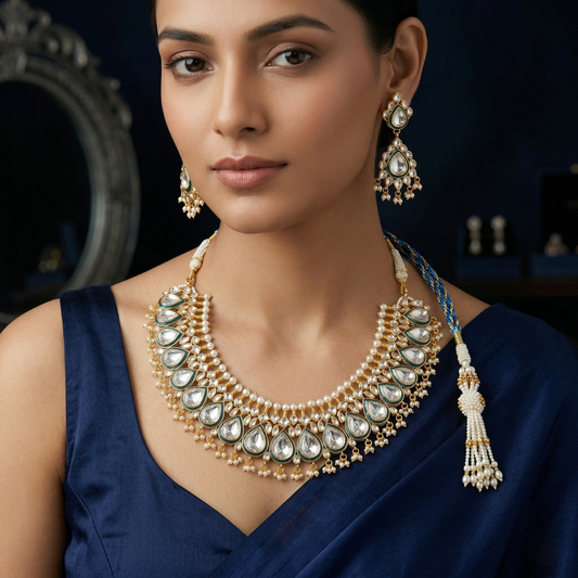 Royal Teal Kundan Silver Necklace Set