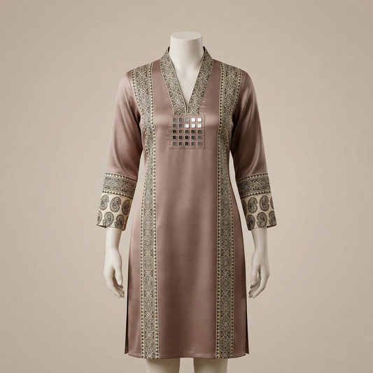 Elegant Earth Tone Mirror Work Silk Kurti