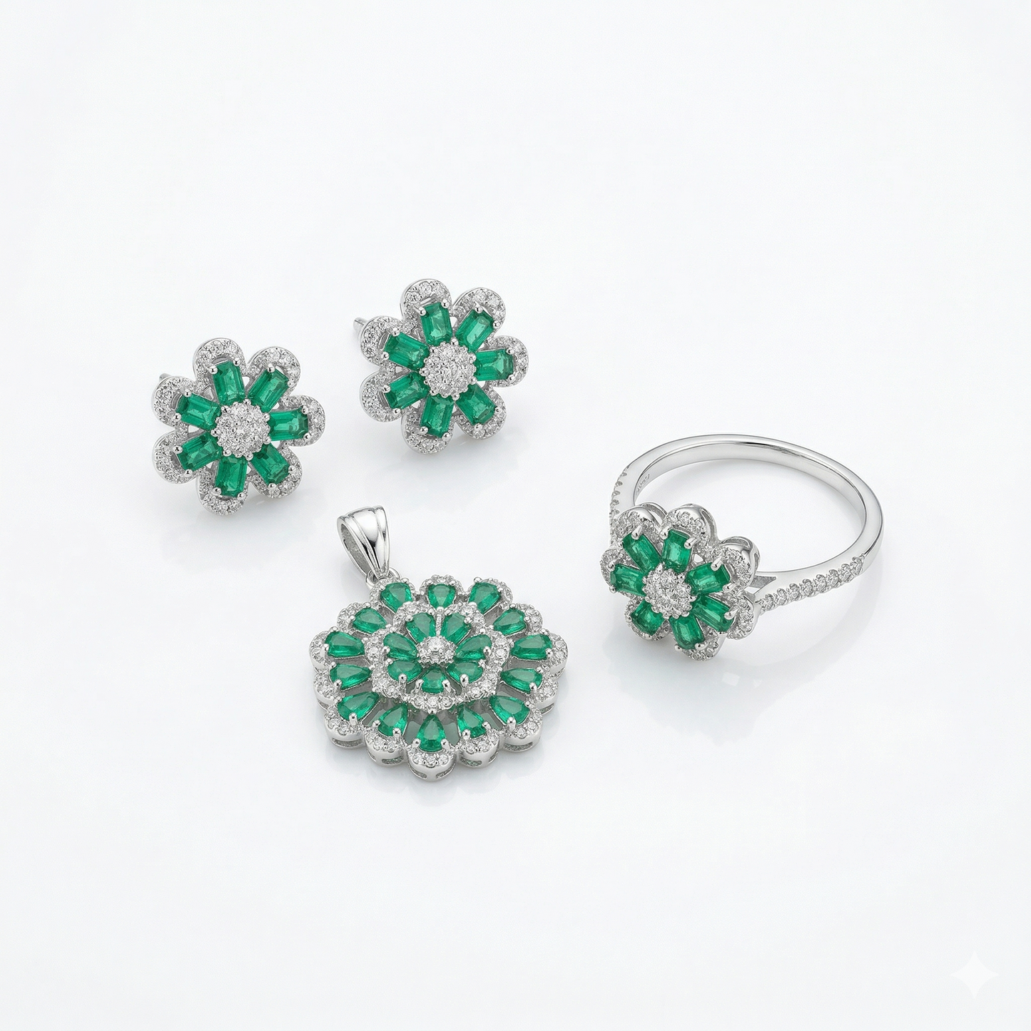 Royal Emerald Floral Silver Jewelry Set