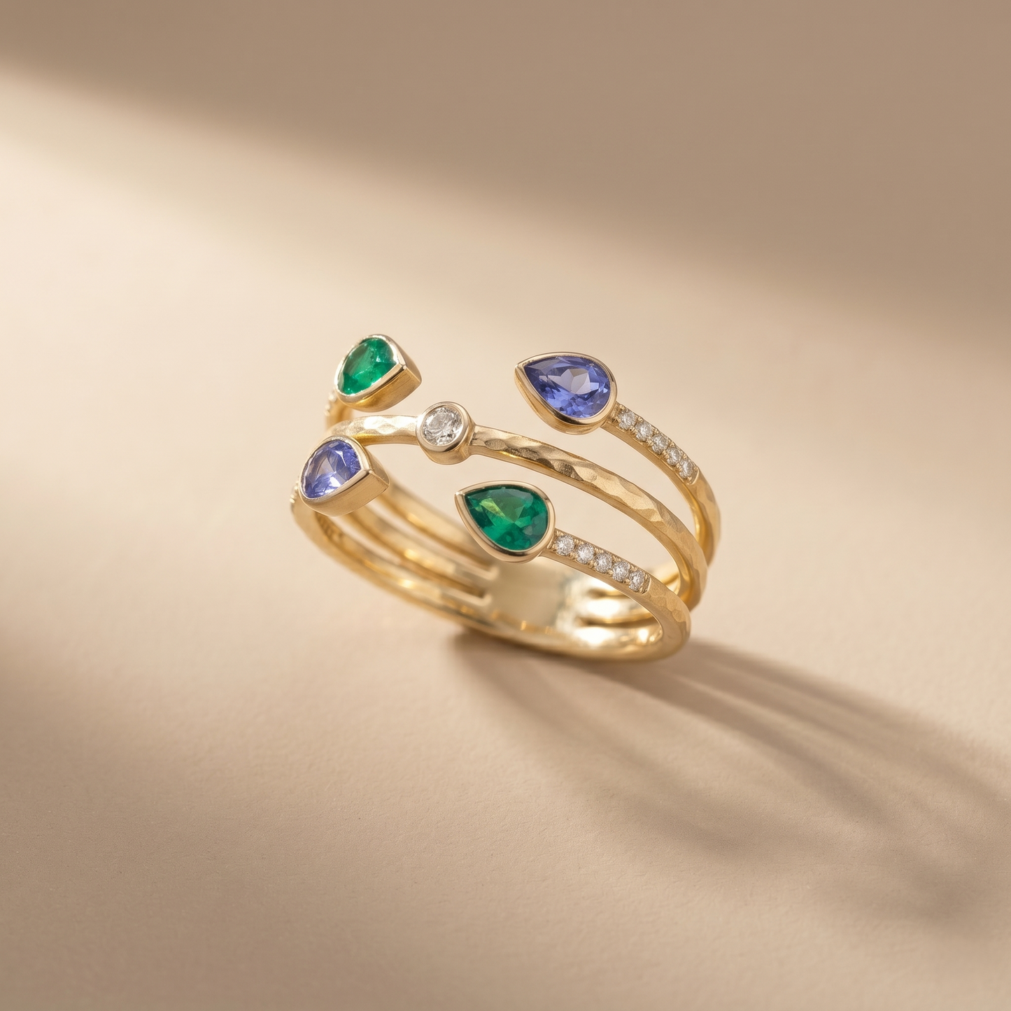 Multi Row Gold Multi-Gemstone Bypass Ring