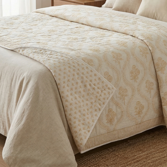 Golden Floral Lattice Cotton Block Quilt