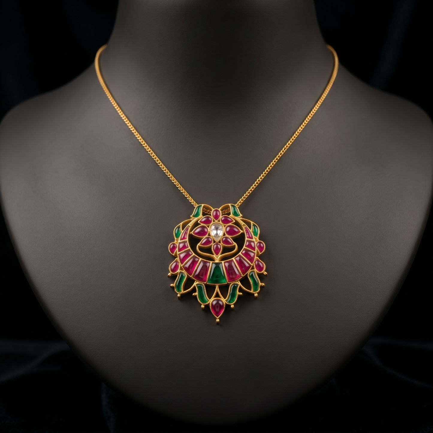 Exquisite Gold-Plated Silver Kundan Floral Pendant