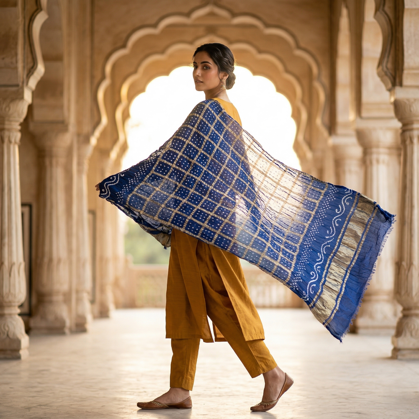 Royal Blue Bandhani Silk Grid Dupatta