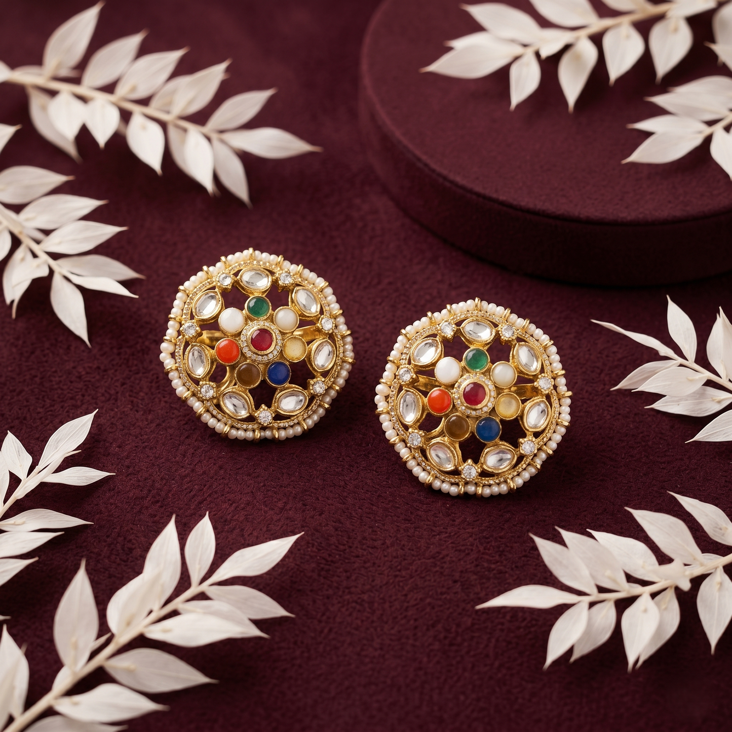 Navratna Inspired Gold Plated Silver Studs