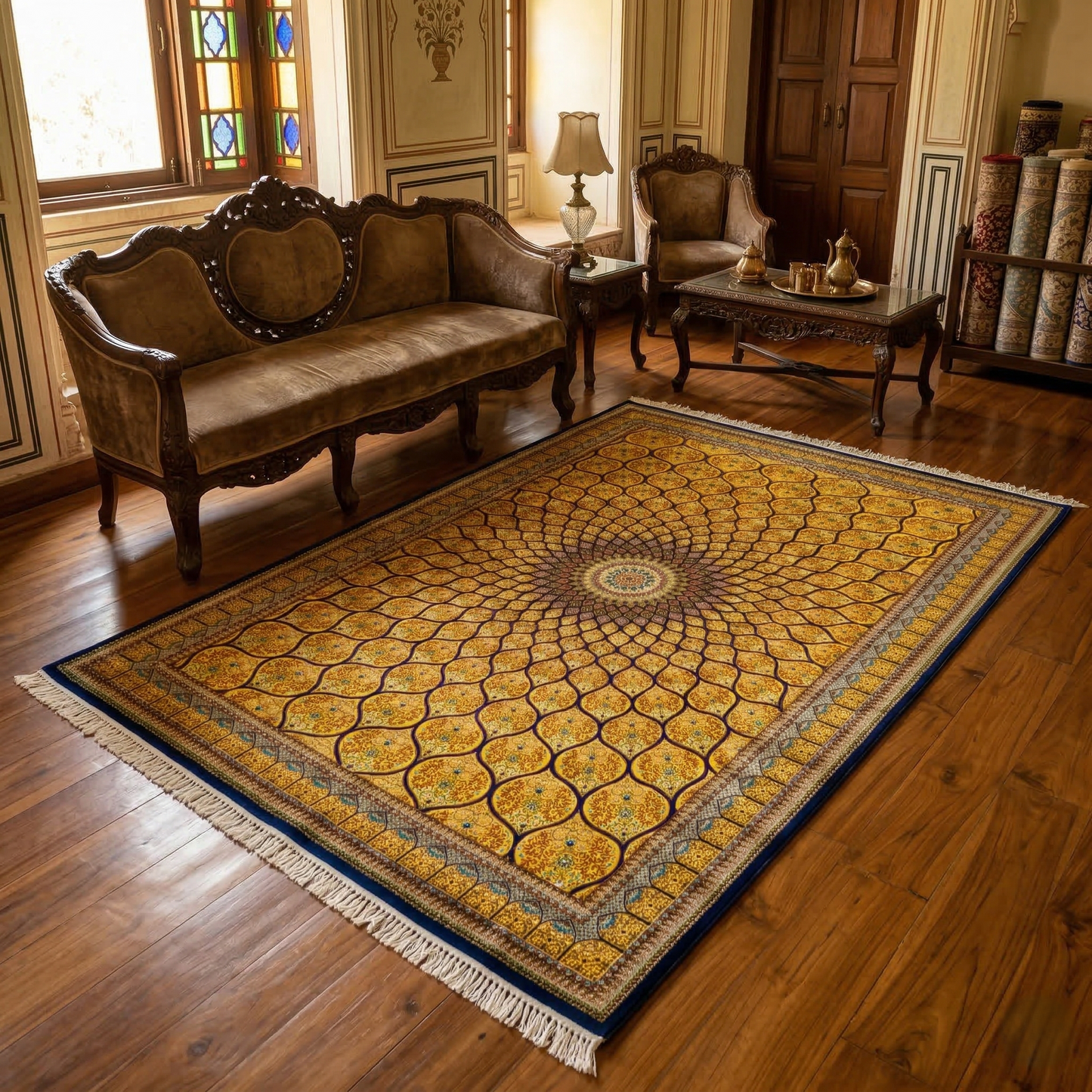Golden Sunburst Mandala Silk Rug