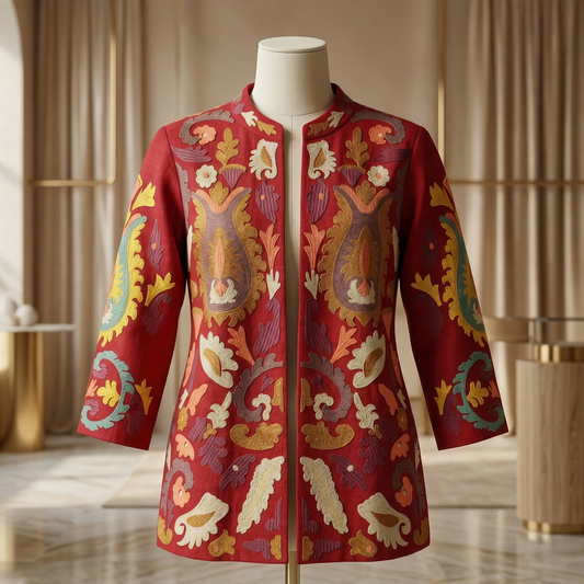 Crimson Heritage Hand-Embroidered Silk Artisan Jacket