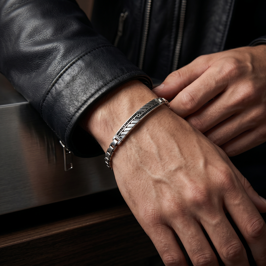 Geometric Textured Oxidized Silver Bar Bracelet