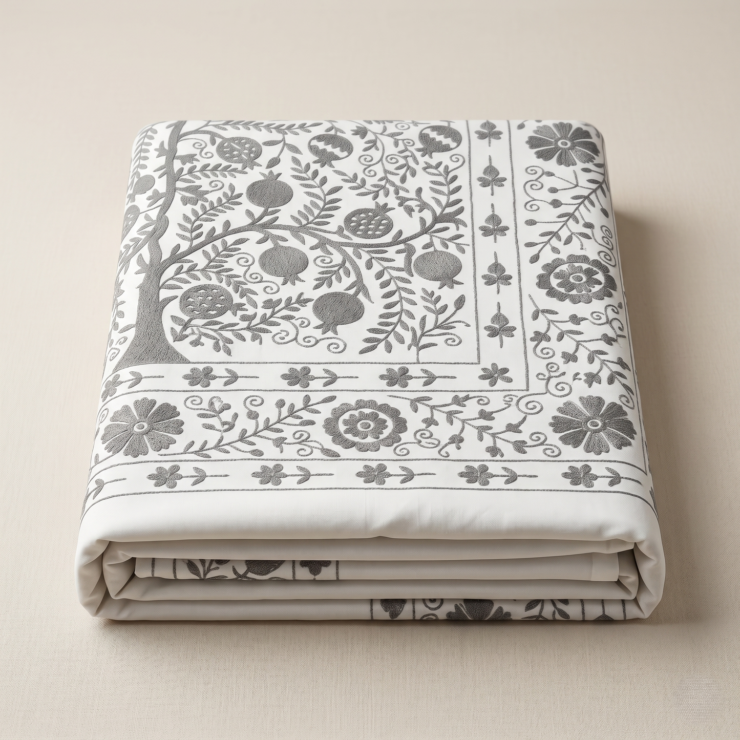 Luxurious Ivory Floral Hand Embroidered Bedcover
