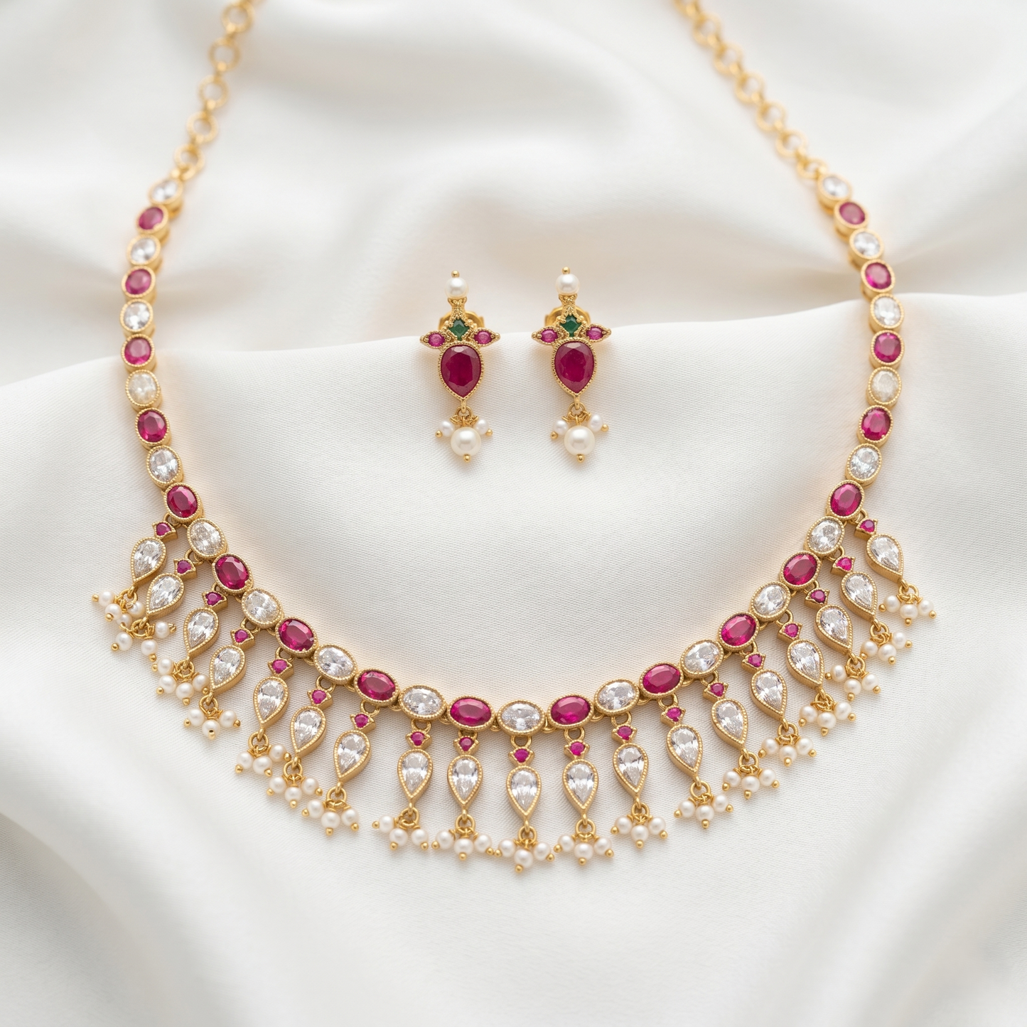 Exquisite Ruby Floral Silver Necklace Set