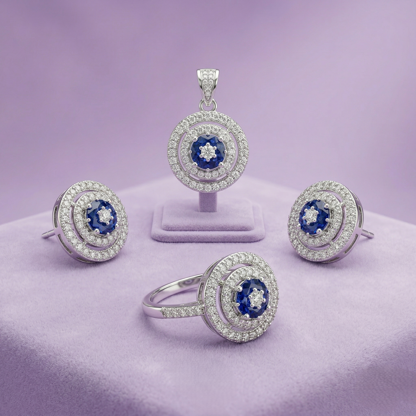 Celestial Sapphire Halo Silver Pendant Set