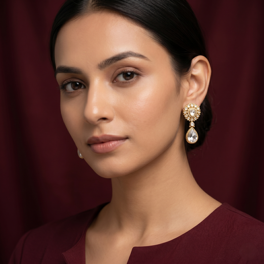 Gold Plated Silver Polki Drop Earrings