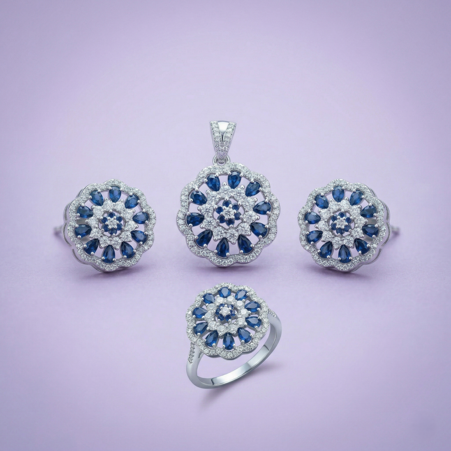 Sparkling Sapphire Floral Silver Pendant Set