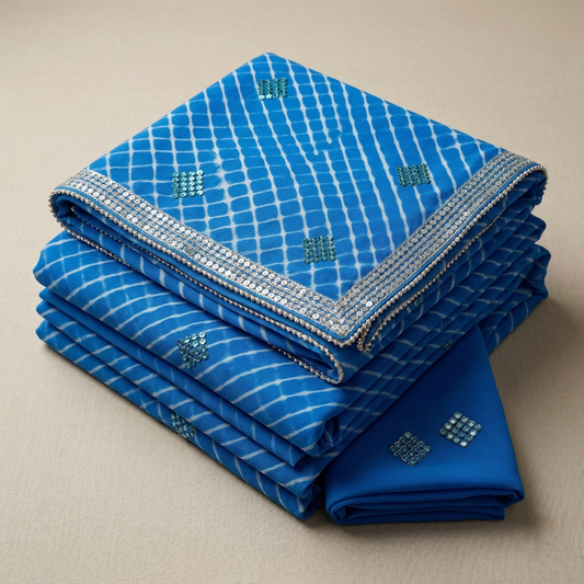 Elegant Blue Leheria Saree with Mirror Work