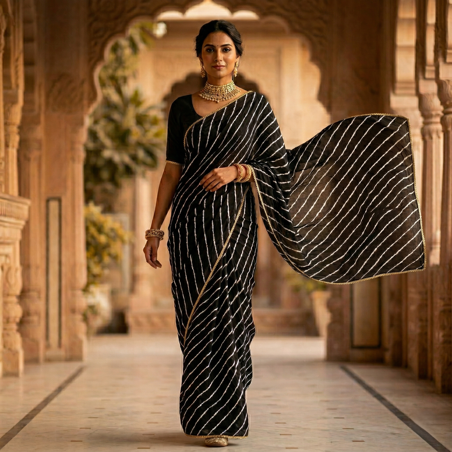 Midnight Leheria Saree with Golden Border