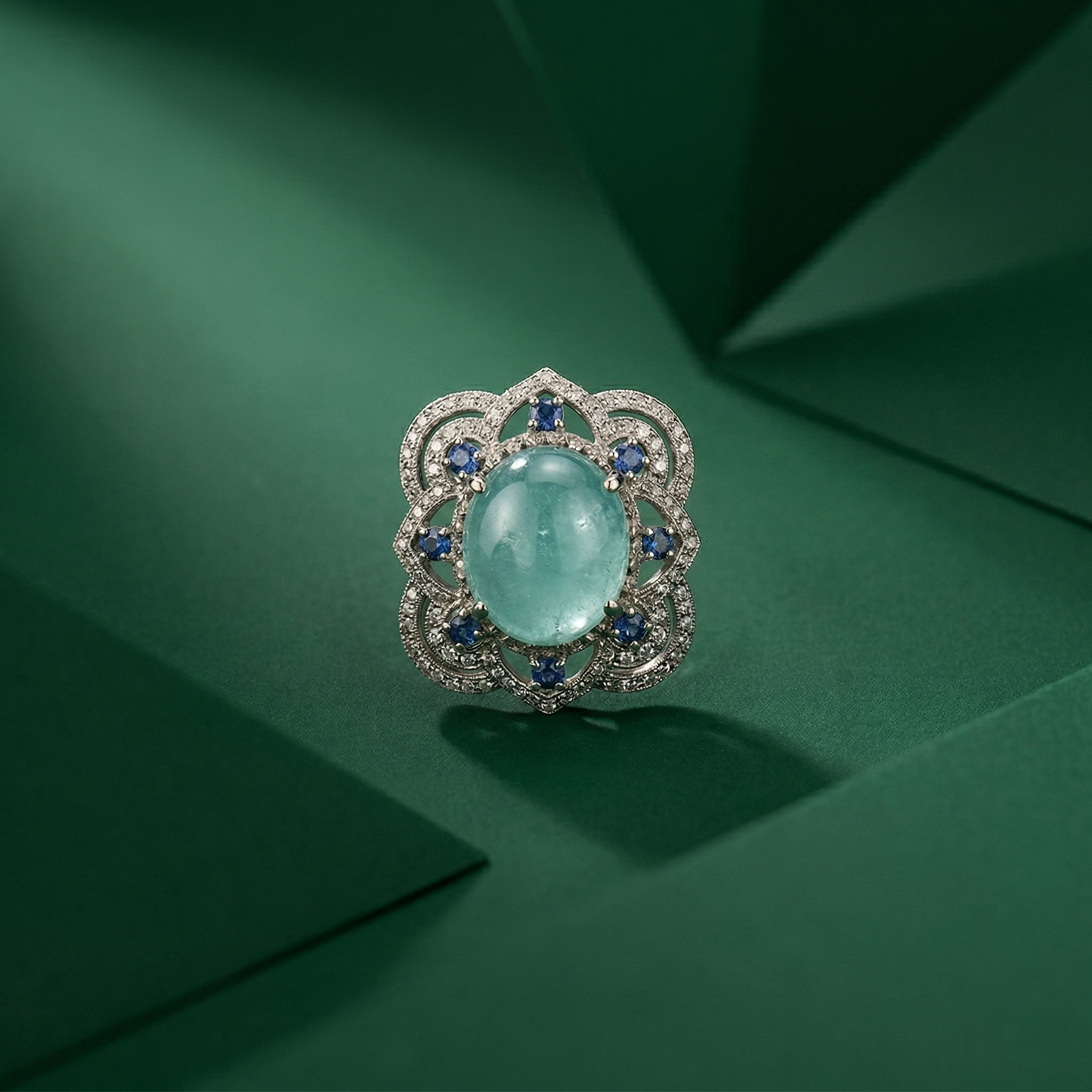 Elegant Floral Silver Aquamarine Cocktail Ring