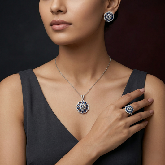 Sparkling Sapphire Floral Silver Pendant Set
