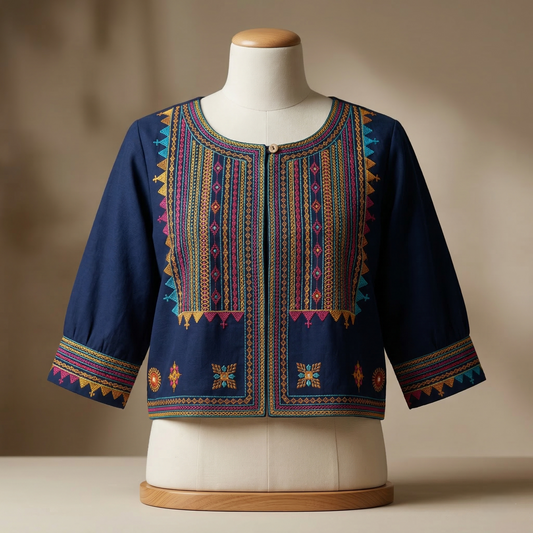 Indigo Heritage Hand-Embroidered Artisanal Crop Jacket