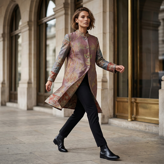 Ethereal Tapestry Silk Mandarin Collar Long Coat