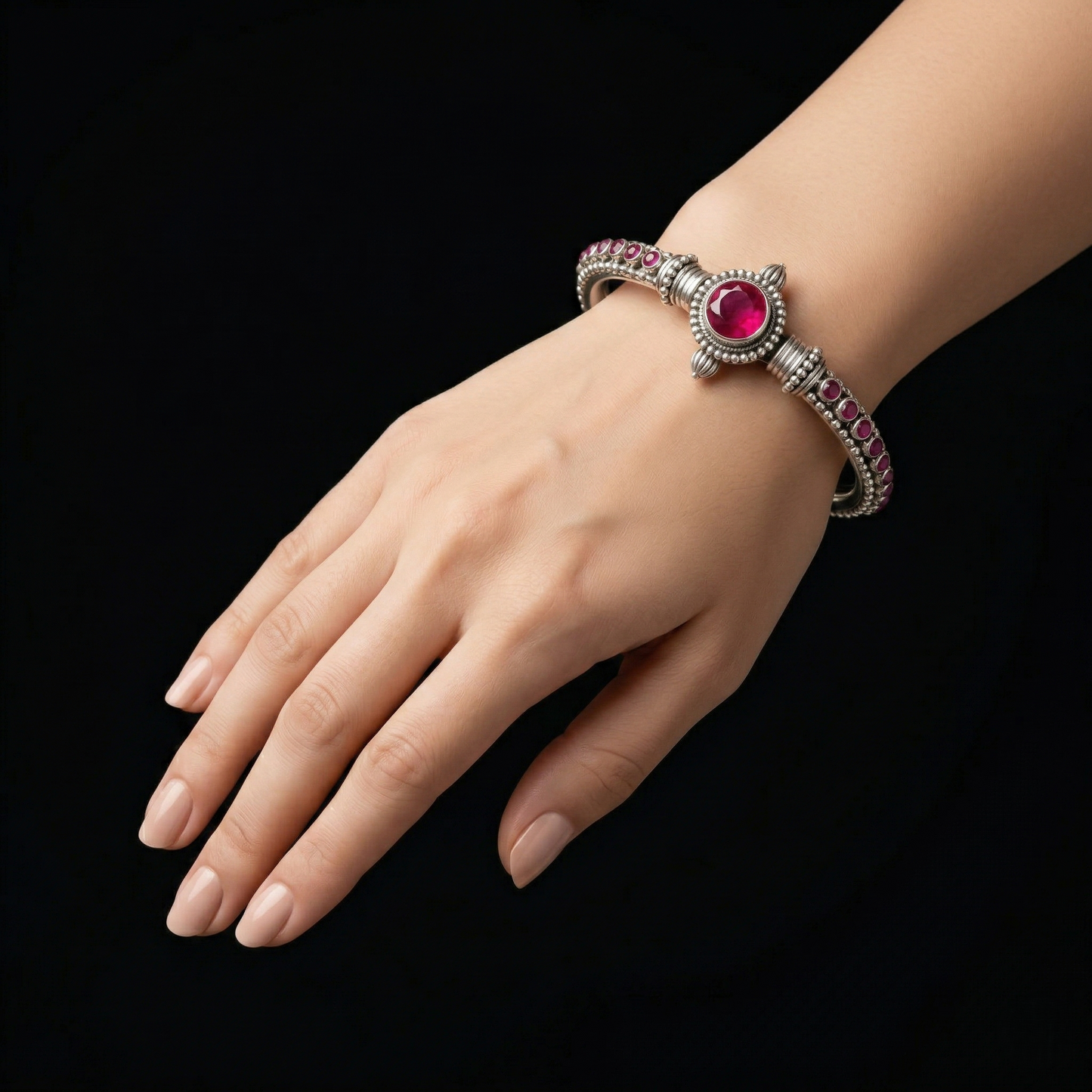 Handcrafted Silver Kada with Ruby Accents
