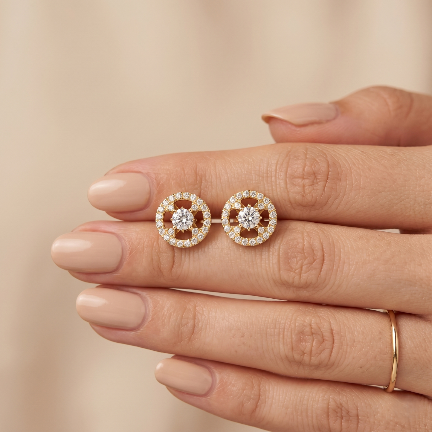 Ornate Circular Halo Silver Stud Earrings