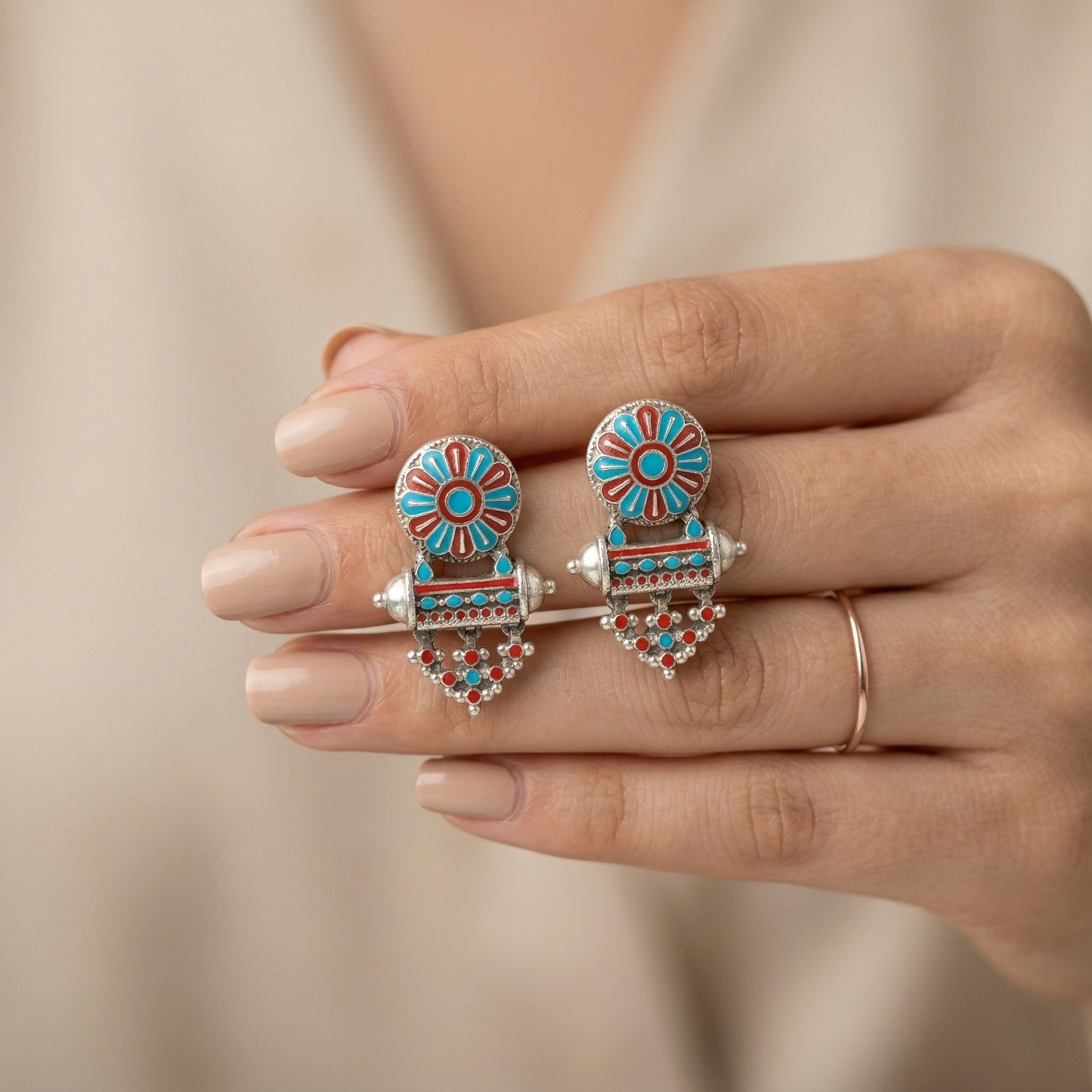 Vibrant Floral Meenakari Silver Artisan Studs