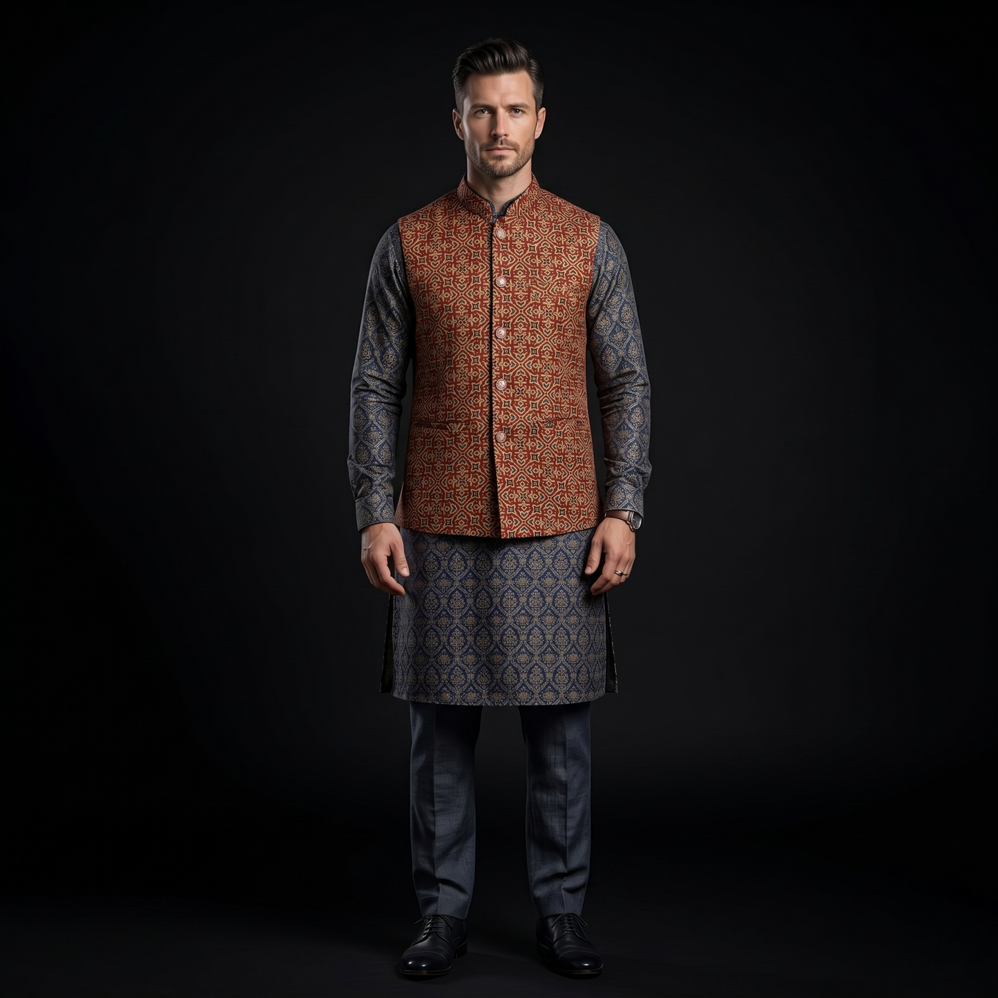 Heritage Ajrakh Print Silk Nehru Jacket