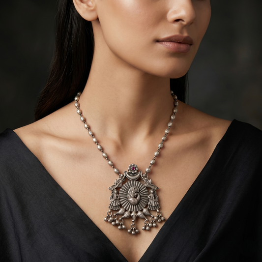 Ornate Oxidized Silver Peacock Statement Necklace