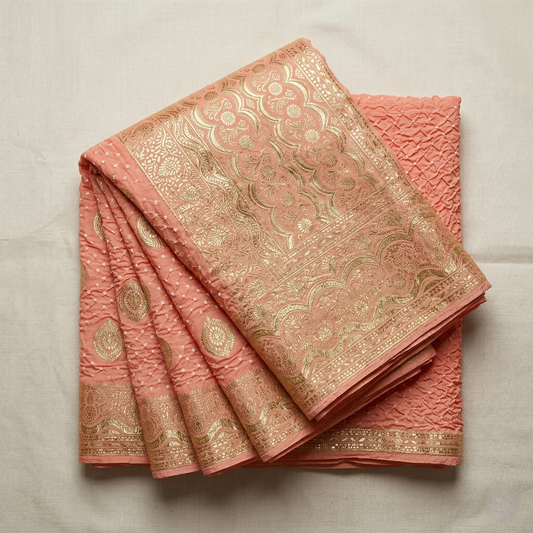 Peach Bandhani Saree with Gold Zari