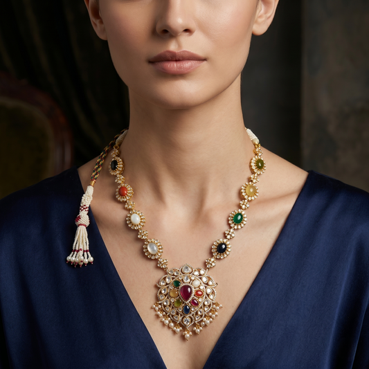Intricate Multi-Stone Silver Navaratna Statement Necklace