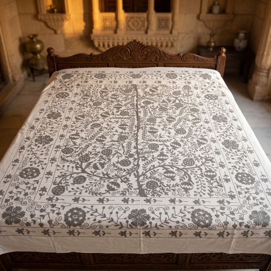 Luxurious Ivory Floral Hand Embroidered Bedcover