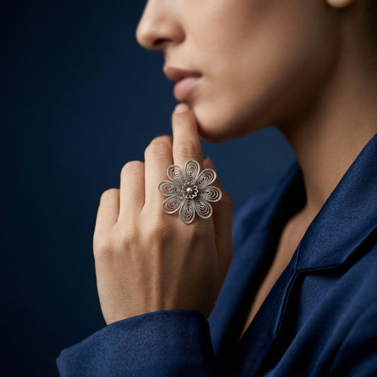 Handcrafted Silver Filigree Floral Petal Ring