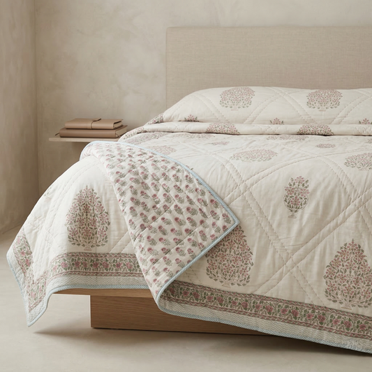 Artisanal Floral Block Print Quilted Coverlet