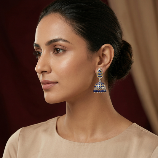 Royal Cobalt Meenakari Silver Jhumka Earrings
