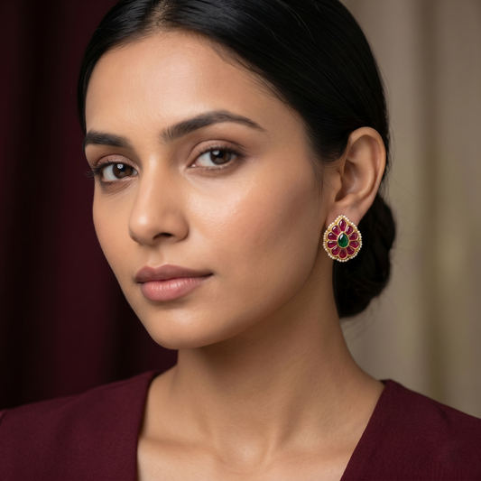 Floral Ruby Emerald Gold Plated Studs
