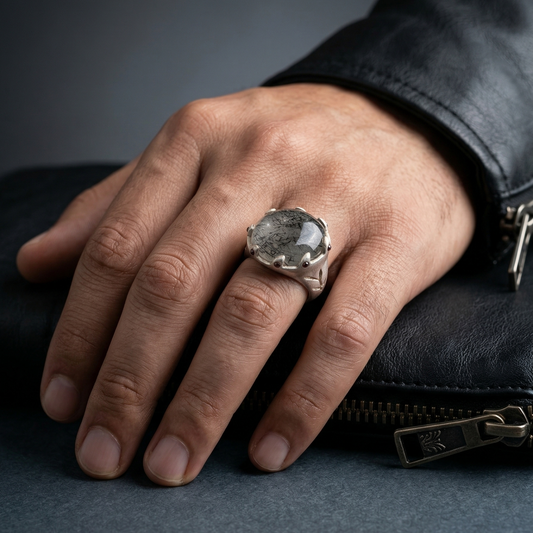 Rutilated Quartz Silver Crown Signet Ring