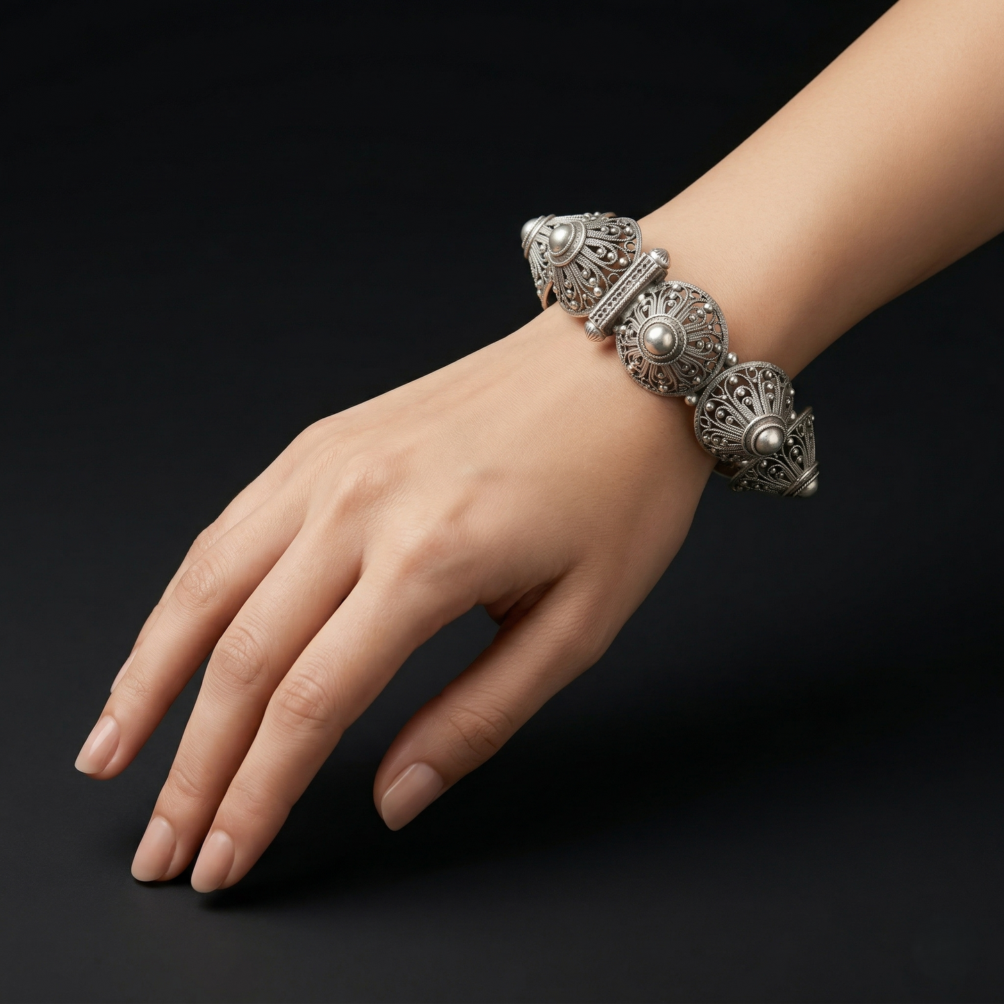 Exquisite Handcrafted Filigree Silver Kada Bracelet