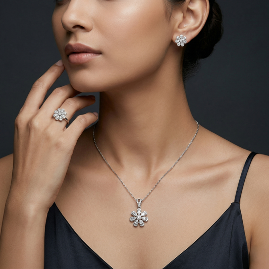 Sparkling Floral 92.5 Silver Pendant Set