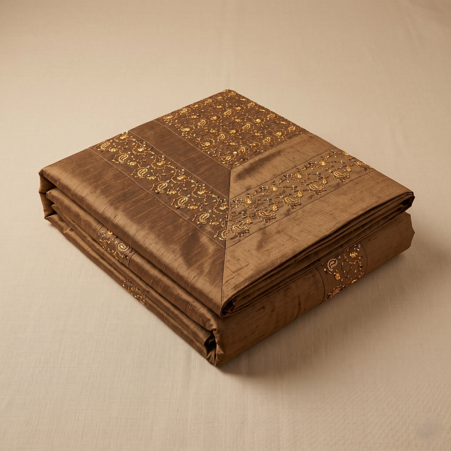 Royal Gold Embroidered Brown Silk Bedcover