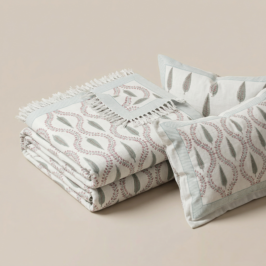 Sage Leaf Hand-Block Khadi Bedcover Set