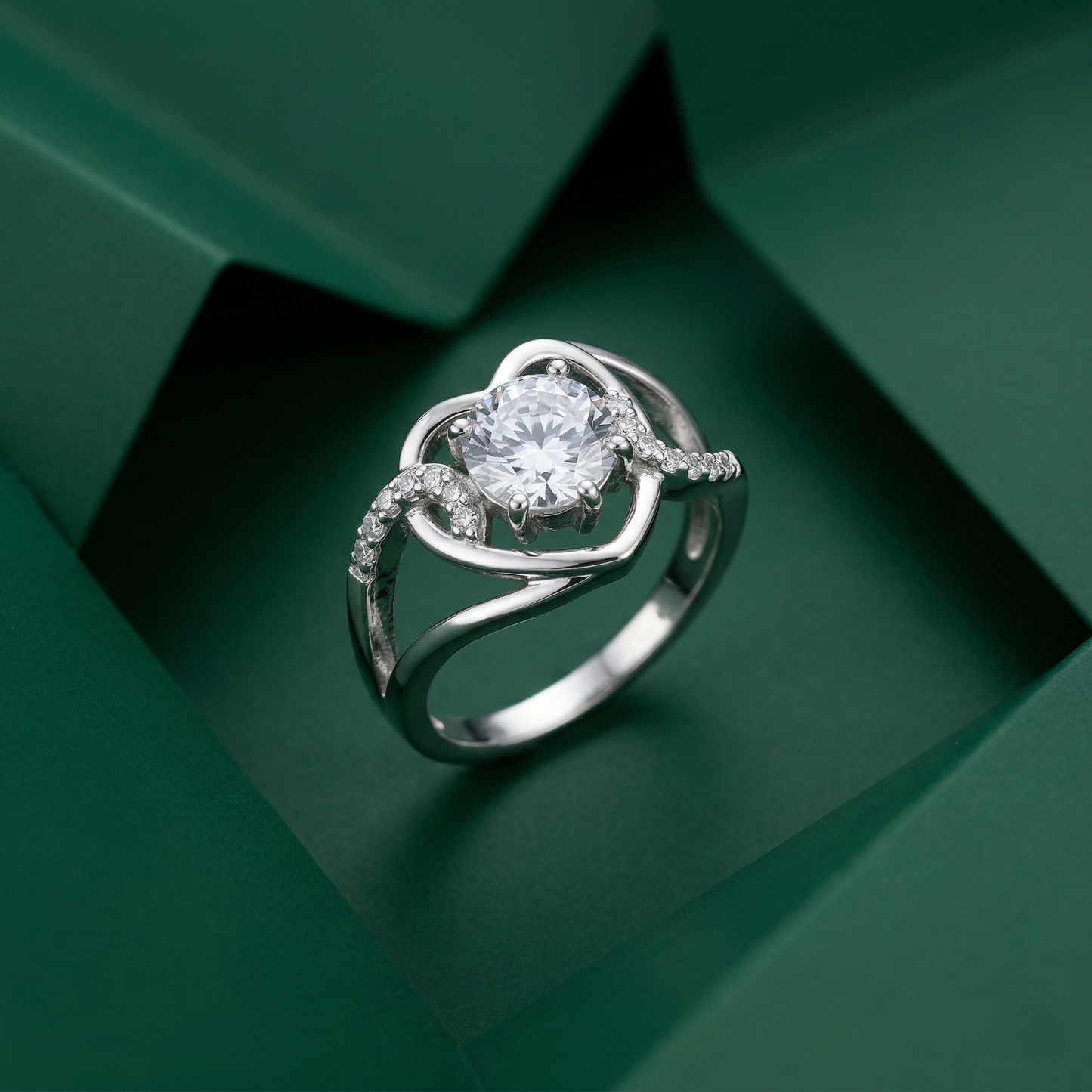 Sparkling Silver Heart-Framed Solitaire Ring