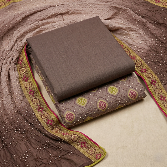 Elegant Mauve Ombre Bandhani Unstitched Suit