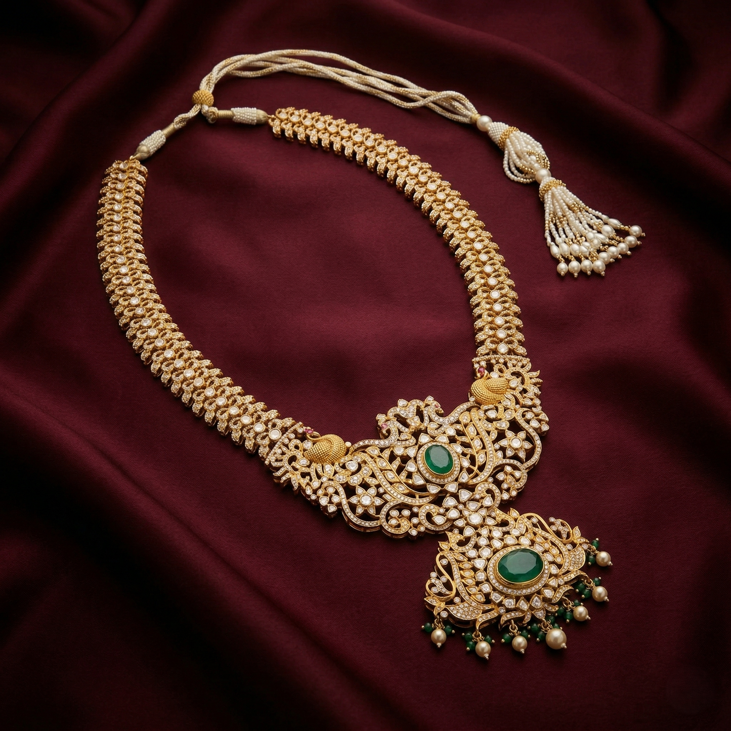Emerald Heritage Peacock Silver Haram Necklace