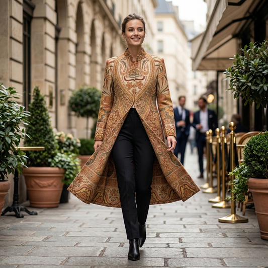 Ornate Earth Tone Paisley Jacquard Long Coat