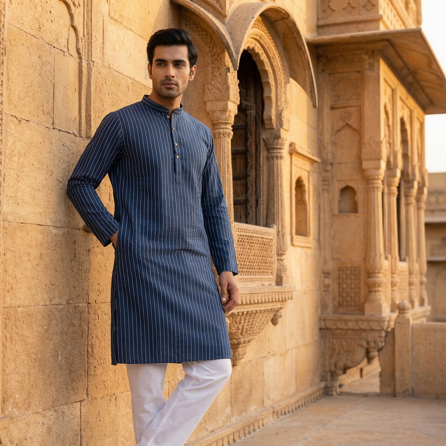 Blue Pinstripe Elegance in Royal Heritage